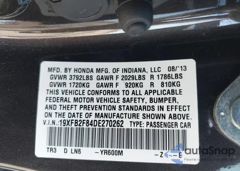 2013 Honda Civic Ex из США, поврежденный, VIN 19XFB2F84DE270262